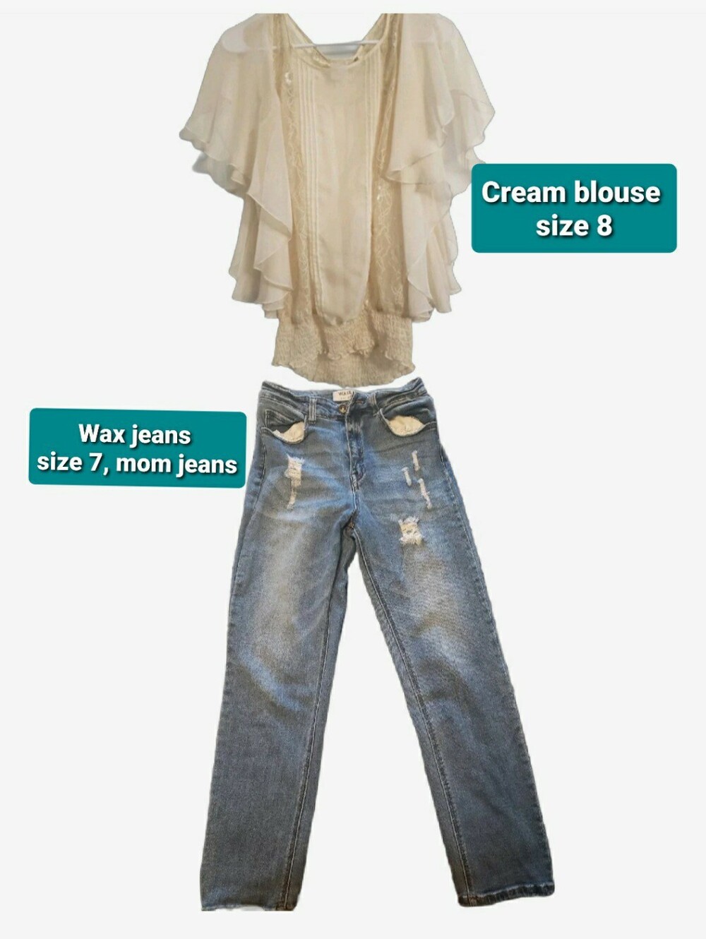 $20 Cream Ruffle Chiffon Blouse with Distressed Blue Mom Jeans